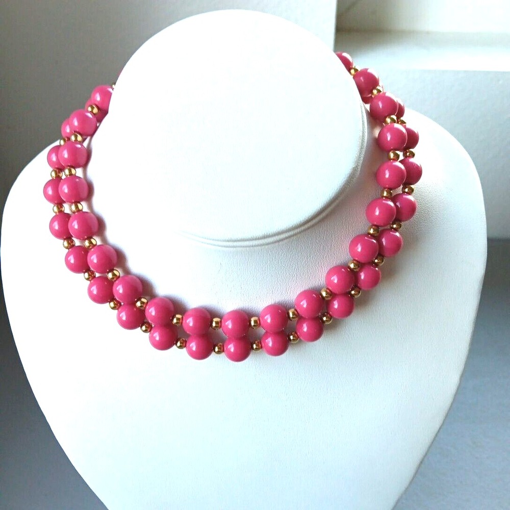 VTG Crown Trifari Beaded Necklace 25" Pink Gold Ball Spacers Signed Barbicore - Picture 1 of 5